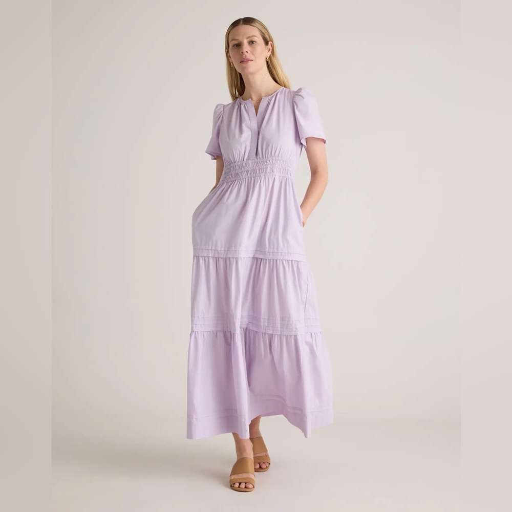 NWT Quince Pastel Lilac 100% Organic Cotton Poplin Tiered Maxi Dress Medium
